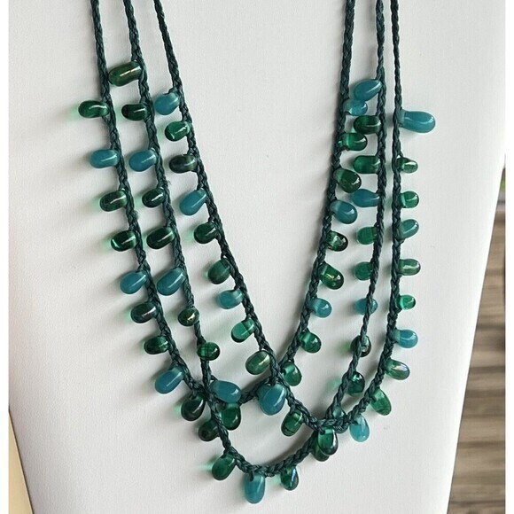 HANDMADE Multistrand Turquoise Glass Bead Necklace 19 in + 2.5 in Ext. Blue Teal - Picture 5 of 8